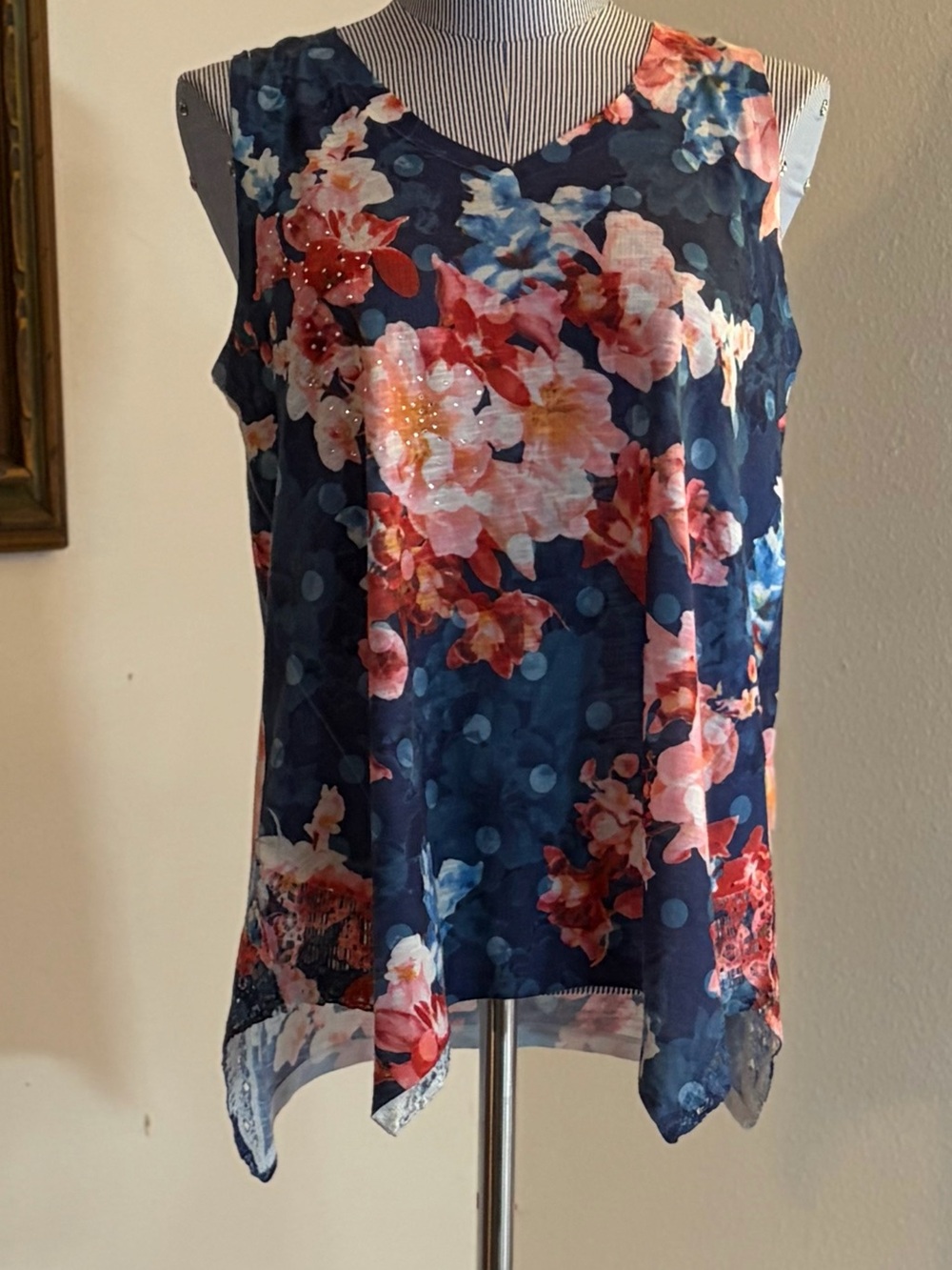 Time and Tru Navy Floral Sleeveless V-Neck Tank with Pink and Coral Blooms